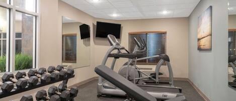 A gym with dumbbells, a treadmill, and a bench.