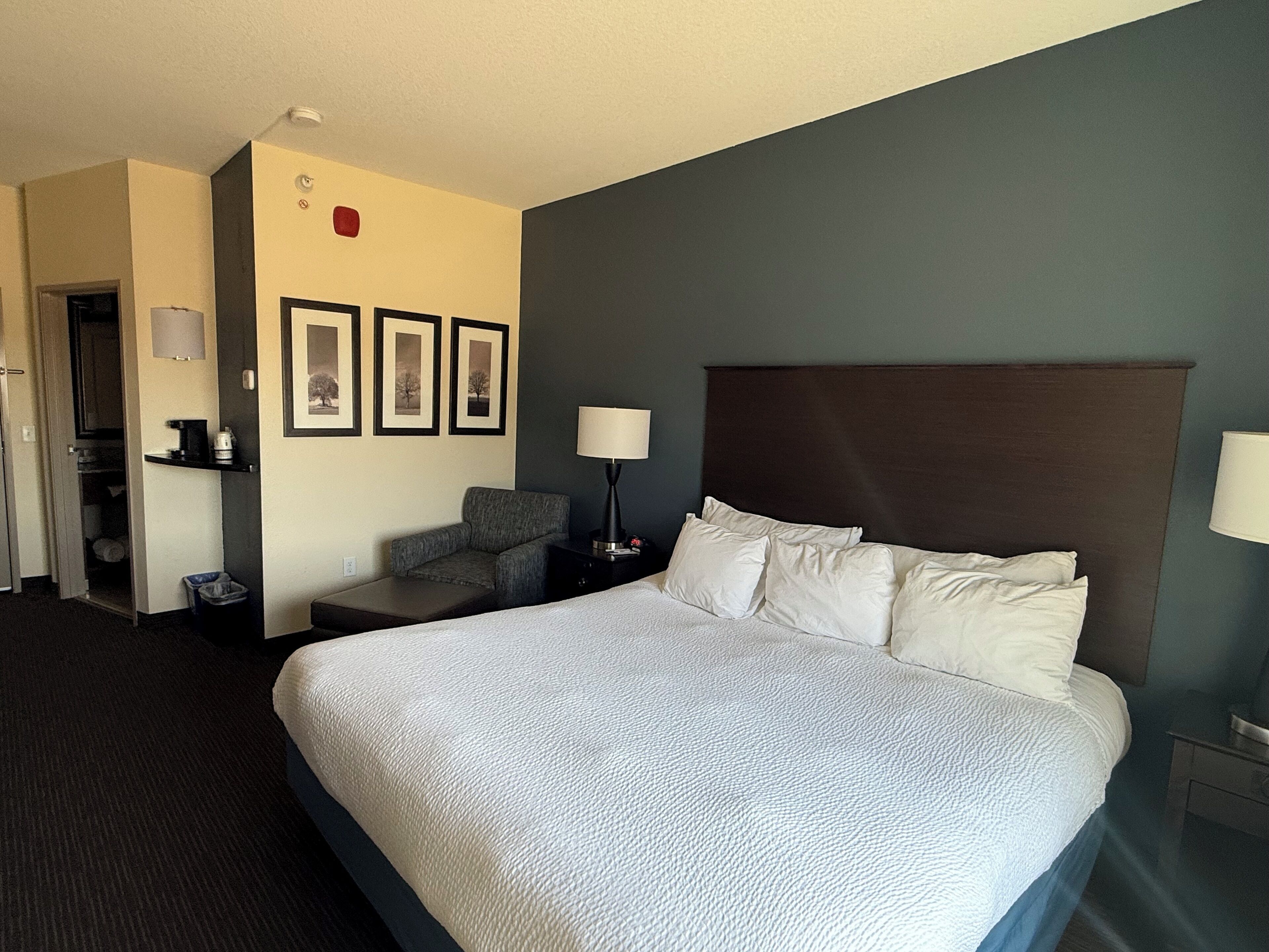 A hotel room with a large bed, a chair, a desk, and a trash bin.