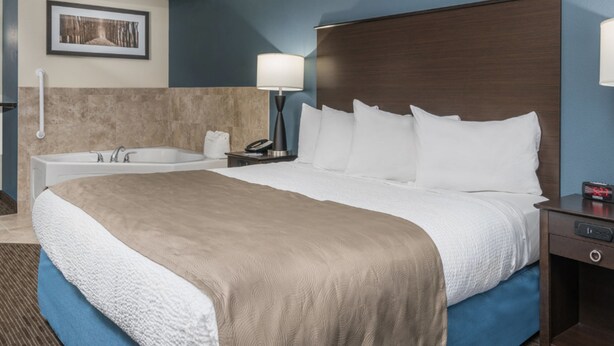 Habitación de hotel con una cama grande, una mesita de noche, una lámpara, un cuadro en la pared y una bañera.