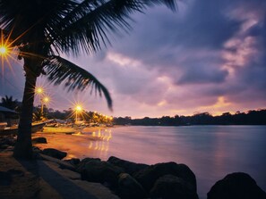 A beach with boats, a palm tree, and a calm sea under a twilight sky. - Seaside Garden Lodge Mompiche (Muisne)