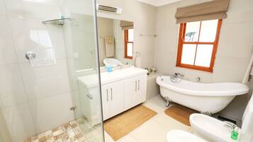 Bathtub, hair dryer, bidet, towels