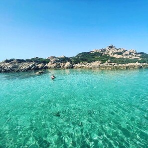 A clear turquoise sea with a rocky coastline and a person swimming. - Wonderful Ginepro Villa, private pool, panoramic sea view, 700 mt from the beach (San Teodoro)
