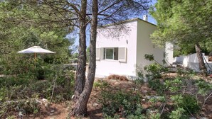 Un bâtiment blanc avec des volets, entouré d’arbres et d’arbustes, et on aperçoit un parasol sur la terrasse.