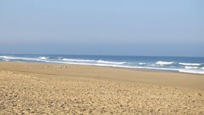 A beach with a sandy shore and waves in the background. - Large luxury apartment near the ocean with terrace between sea, golf course and lake  (Seignosse)