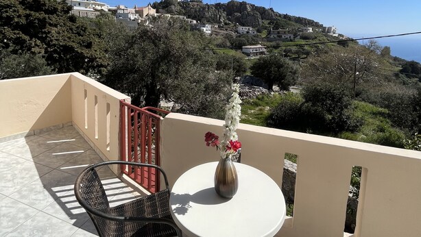 Un balcon avec une table et des chaises, un vase rempli de fleurs et une vue sur une colline parsemée de bâtiments.