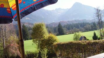 Enjoy breathtaking views of lush greenery and majestic mountains from this serene balcony.