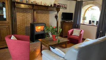 TV, fireplace, DVD player, books