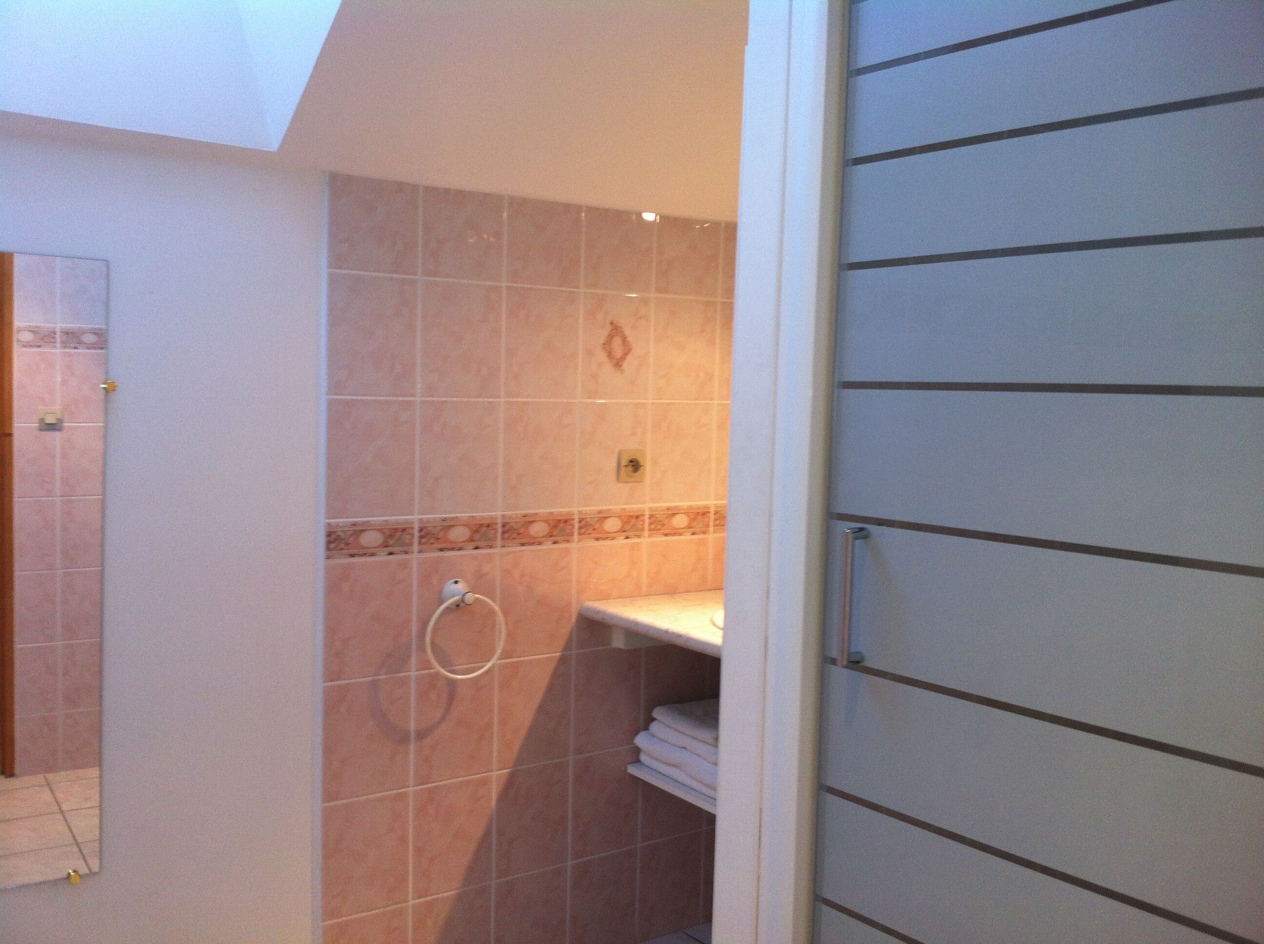 Une salle de bain avec des carreaux roses, un porte-serviettes et une porte donnant sur une autre pièce.