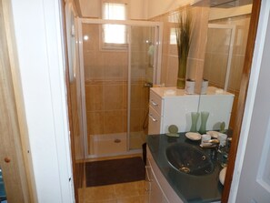 Regadera, secadora de cabello, toallas, papel de baño 