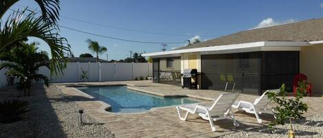 A heated pool, a lap pool, sun loungers