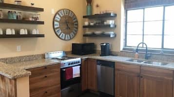 Fridge, microwave, oven, cookware/dishes/utensils