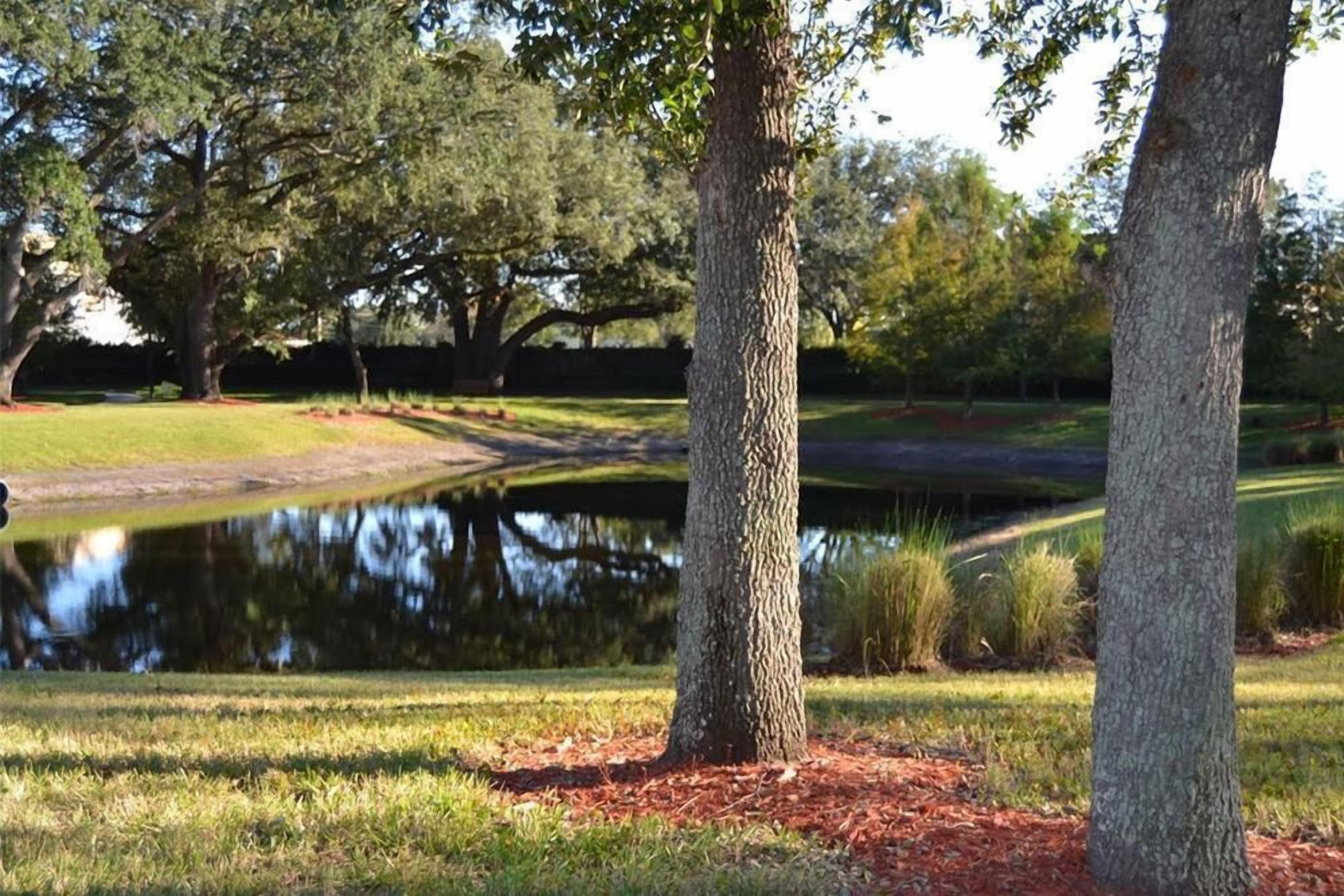 A serene park with mature trees, a pond, and a well-maintained grassy area.