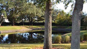 A serene park with mature trees, a pond, and a well-maintained grassy area.