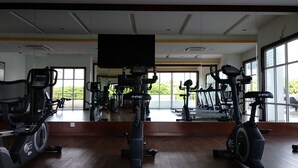 A gym with various exercise equipment, large windows, and a mirror reflecting the equipment. - H&A HOMESTAY Comfortable and Convenient for touring around Ipoh. (Taman Jubilee)