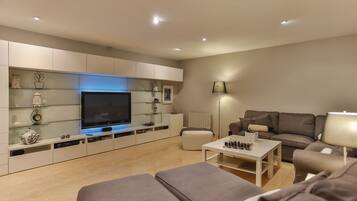 Een televisie, een open haard, een dvd-speler en een filmbibliotheek