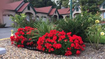 A building with a red roof and arched windows, surrounded by red flowers and greenery.