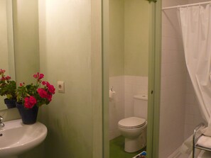 A bathroom with a white sink, a toilet, and a shower curtain. - Rural House in Navarra ideal for families with children (Azuelo)