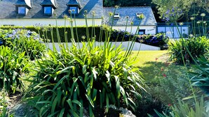 Ein Haus mit geneigtem Dach, zahlreichen Fenstern und einem gepflegten Garten mit verschiedenen Pflanzen und Blumen.