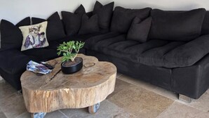 Ein schwarzes Sofa mit mehreren Kissen, ein Couchtisch aus Holz mit einer Pflanze und ein Kissen mit einer Katzenabbildung.