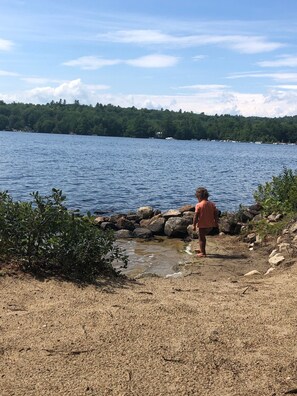 On the beach, sun-loungers, beach towels - Charming Waterfront Cabin with Mountain View and Private Beach Access! (Bridgton)