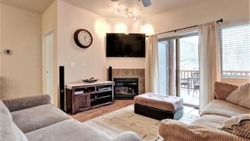 Smart TV, lareira, DVD player, livros