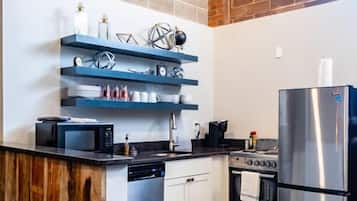 Fridge, microwave, cookware/dishes/utensils