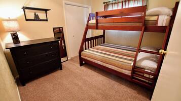 2 bedrooms, memory foam beds, iron/ironing board, travel crib
