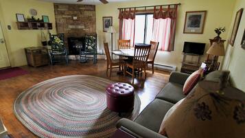 TV connectée, cheminée, livres