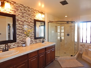 Combined shower/bathtub, hair dryer, towels
