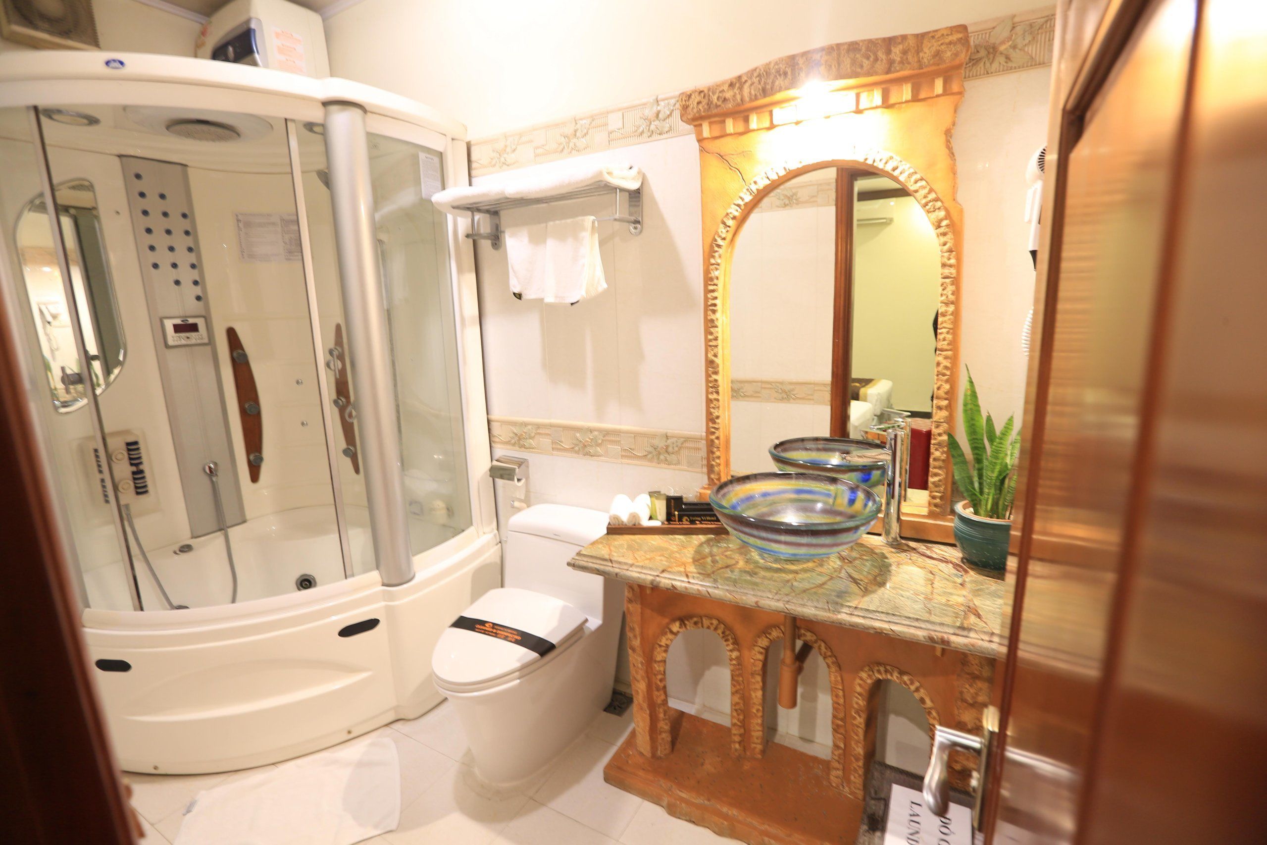 free toiletries, hair dryer, slippers, towels