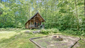 A cabin surrounded by dense forest, with a fire pit in the front yard.