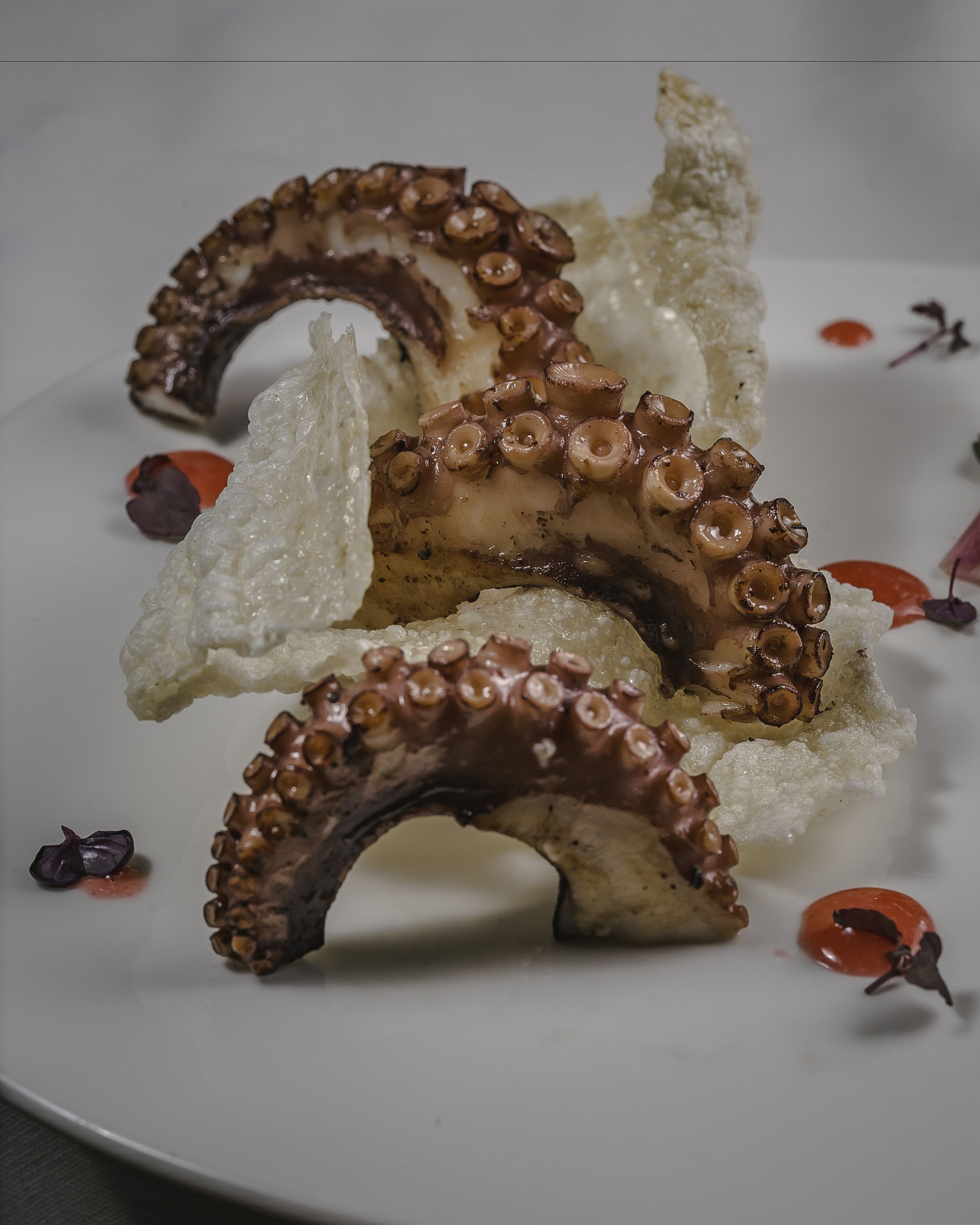 Une assiette avec des tentacules de poulpe et une sauce rouge.