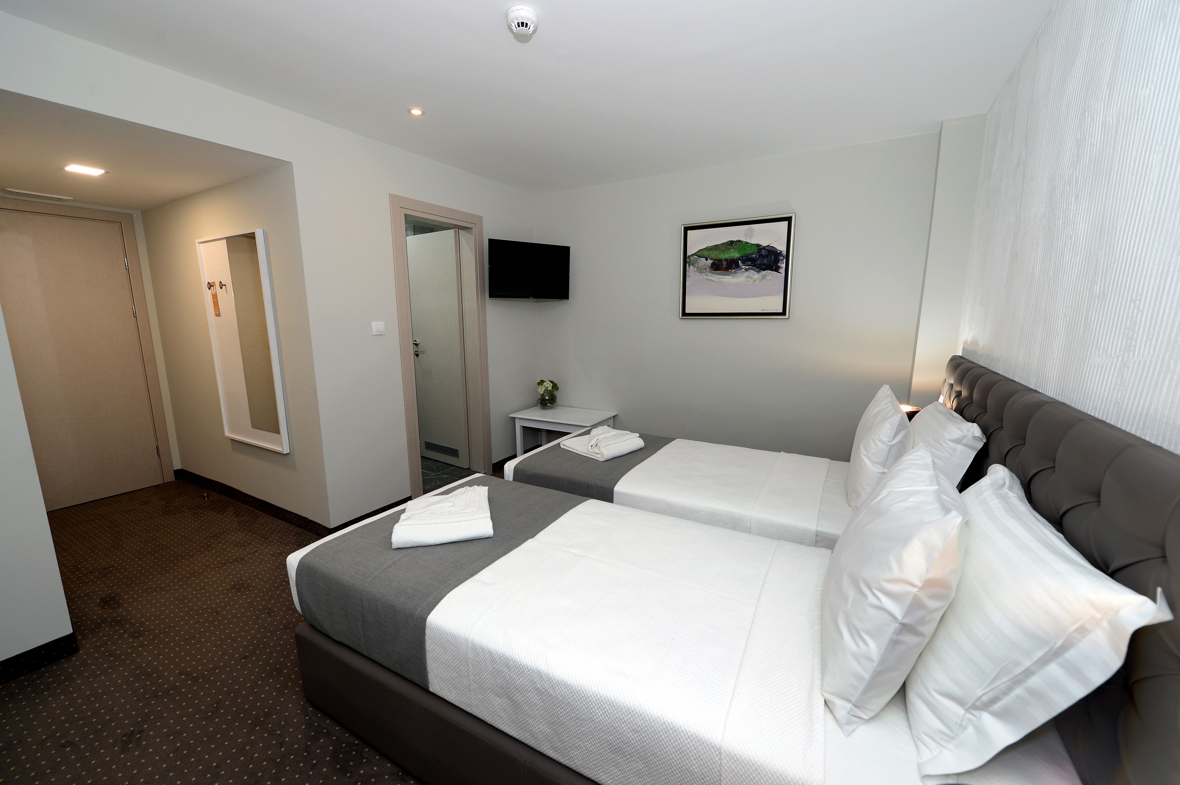 A hotel room with two beds, a flat-screen TV, a small table with a plant, and a framed picture on the wall.