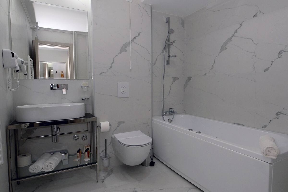 shower, free toiletries, hair dryer, towels