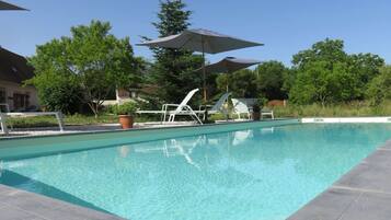 Una piscina al aire libre de temporada, sombrillas