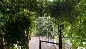 Un camino de grava que conduce a una entrada con puerta, rodeada de abundante vegetación y muros de piedra.