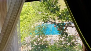 Una ventana con cortinas translúcidas, vista a una piscina y follaje circundante.