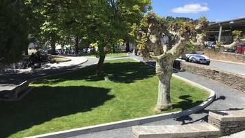 Un parque con un banco de piedra curvo, un espacio cubierto de césped y un árbol con una forma de tronco singular.