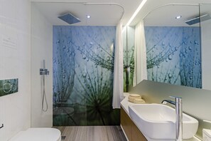 Shower, hair dryer, towels