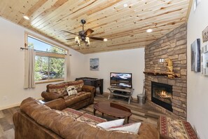 TV, fireplace, DVD player, foosball