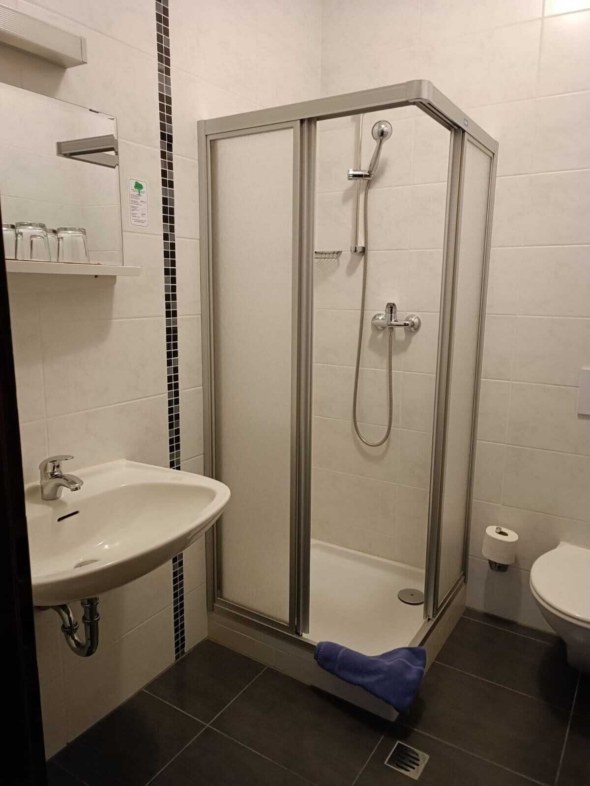Un baño con ducha de vidrio, lavamanos e inodoro.