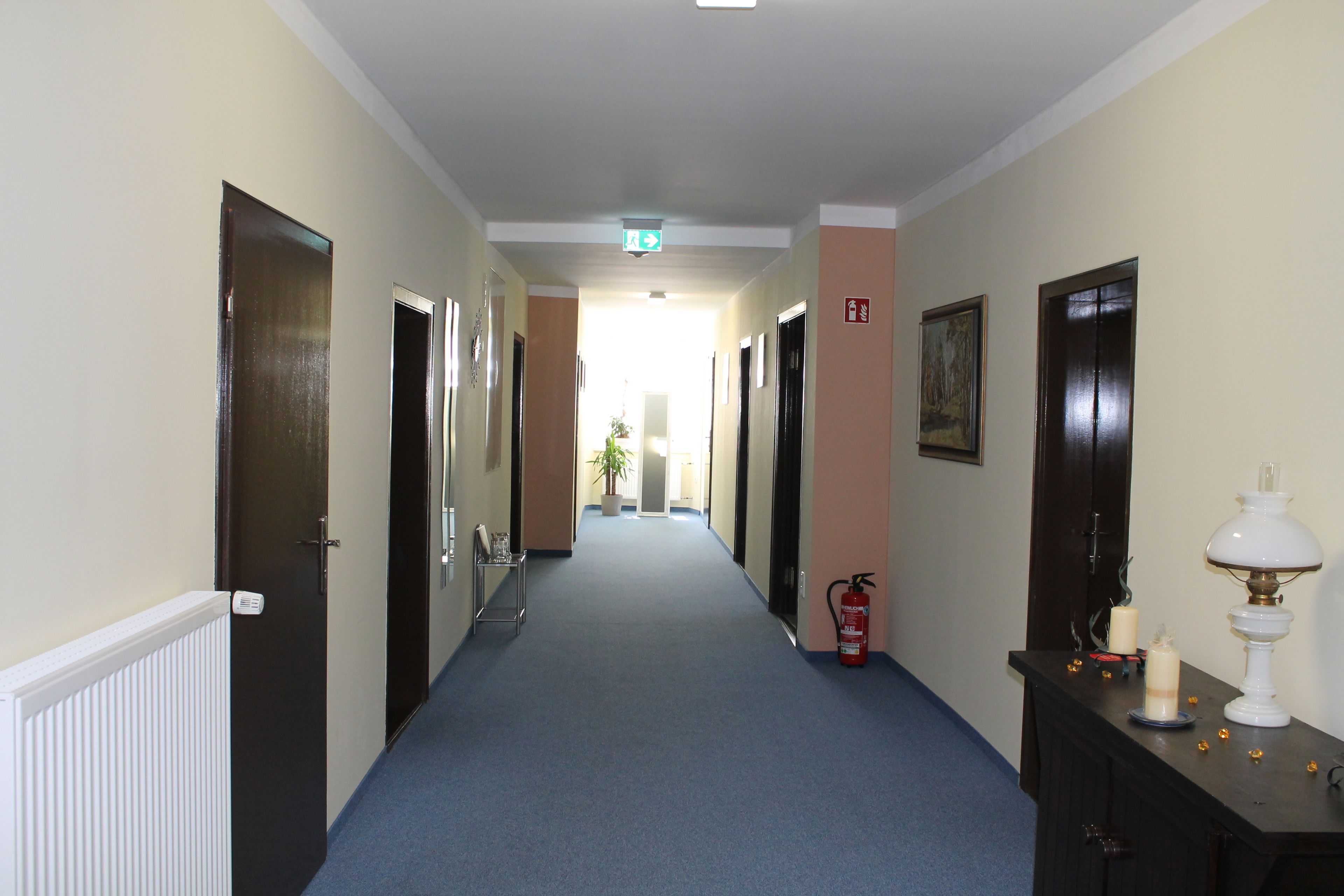 A hotel hallway with doors on both sides, a fire extinguisher, a lamp, and a plant in the distance.