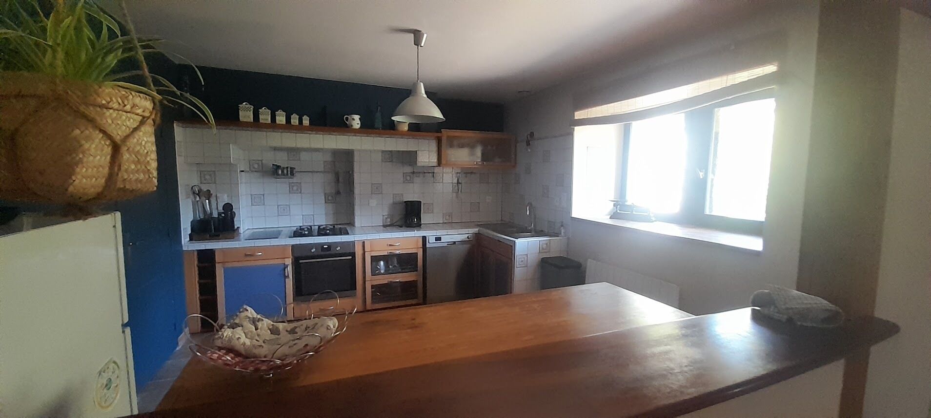 Een keuken met een houten aanrecht, een hangplant en een raam dat natuurlijk licht binnenlaat.