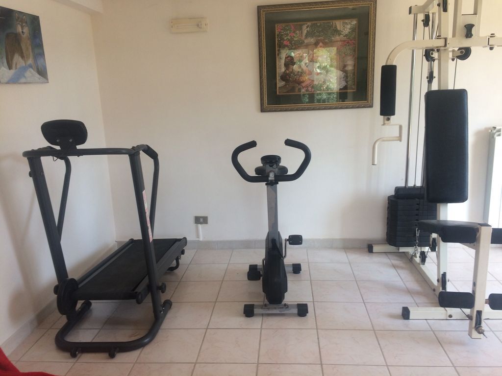 Une salle de sport à domicile équipée d’un tapis de course, d’un vélo elliptique et d’une machine de musculation.