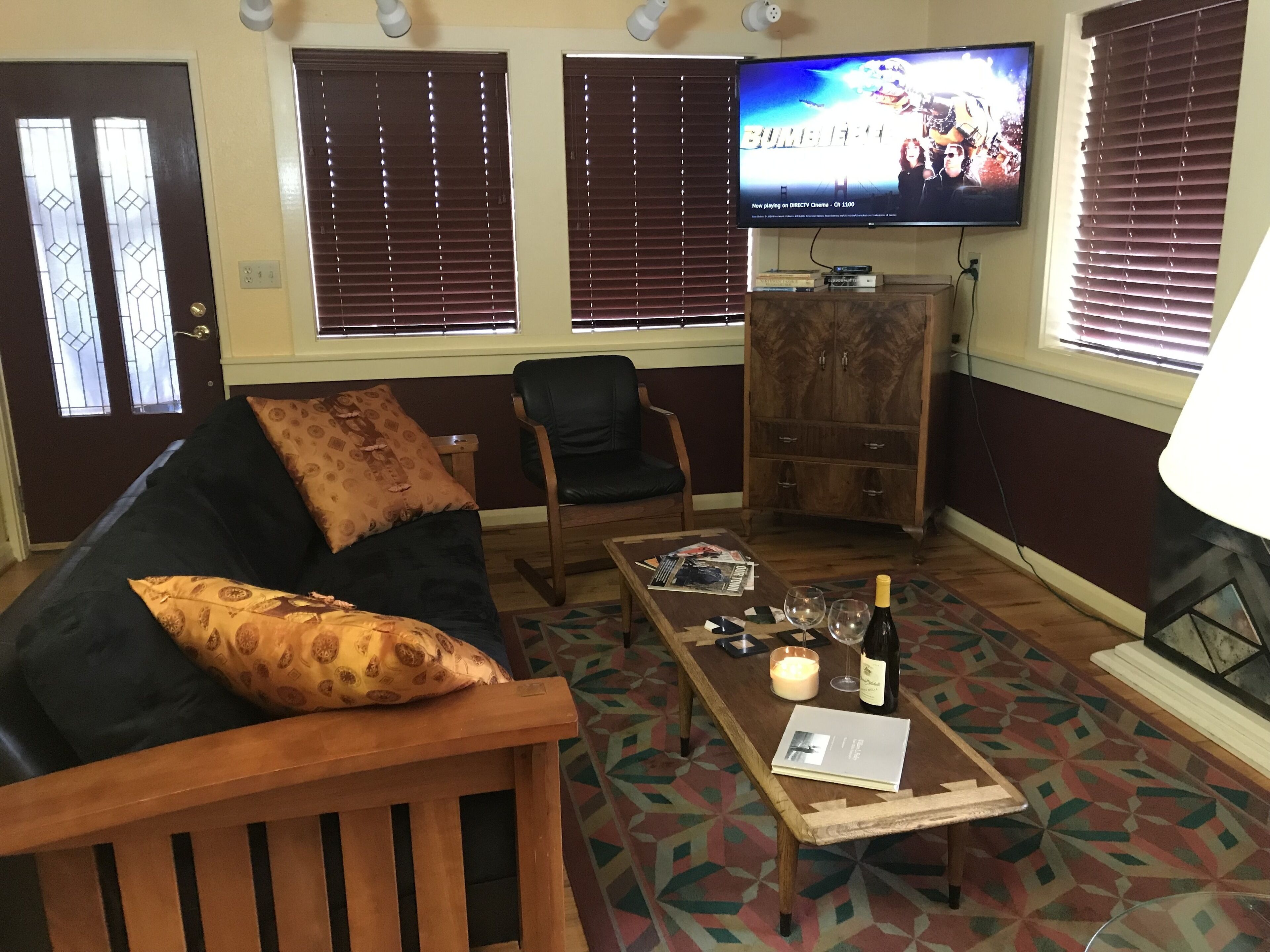 Smart TV, fireplace, books