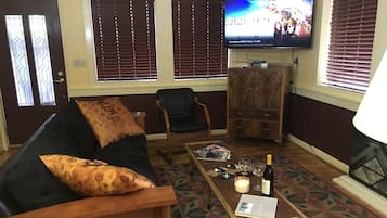 Smart TV, fireplace, books