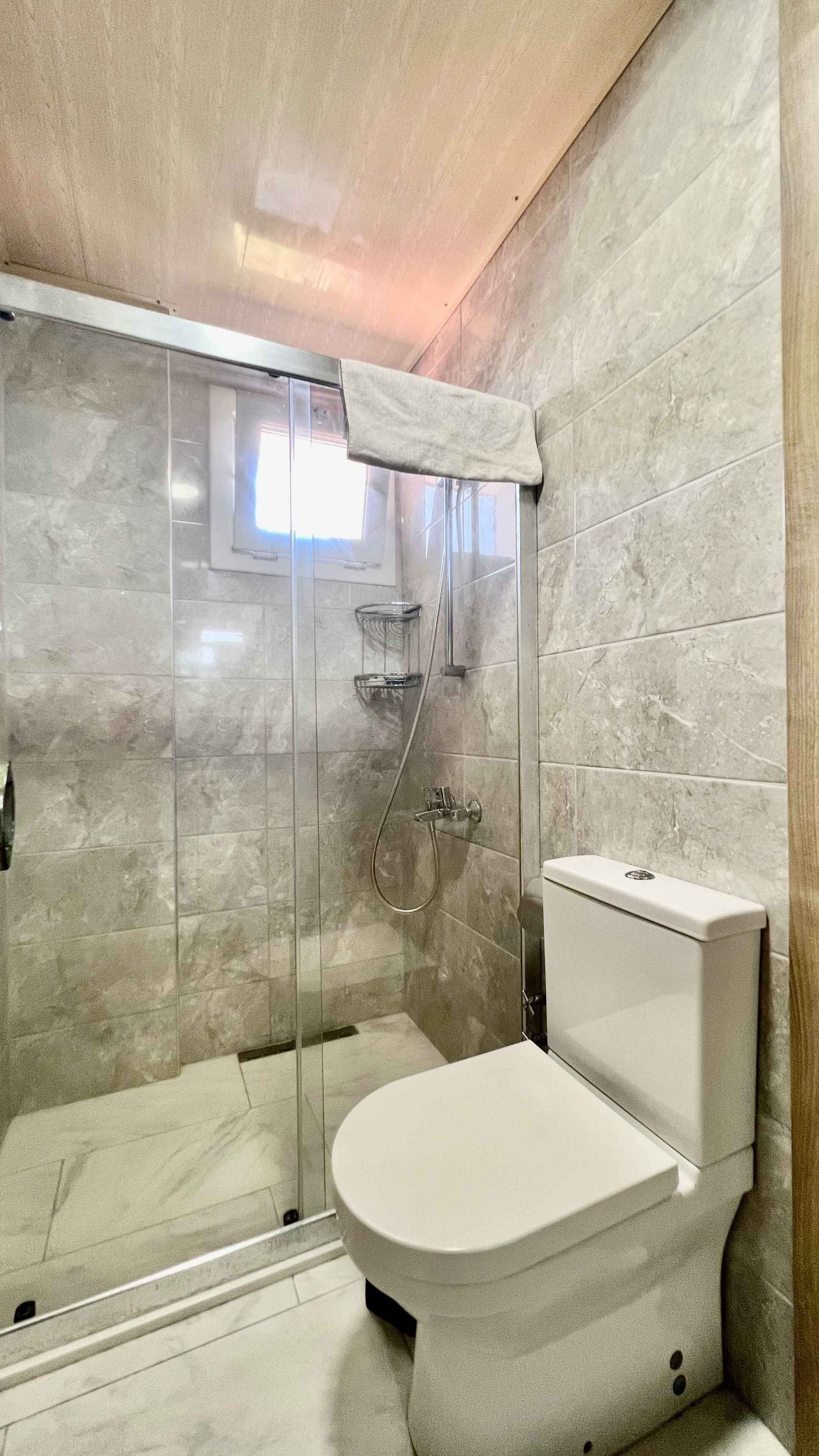A bathroom with a glass-enclosed shower, a toilet, and a small window.