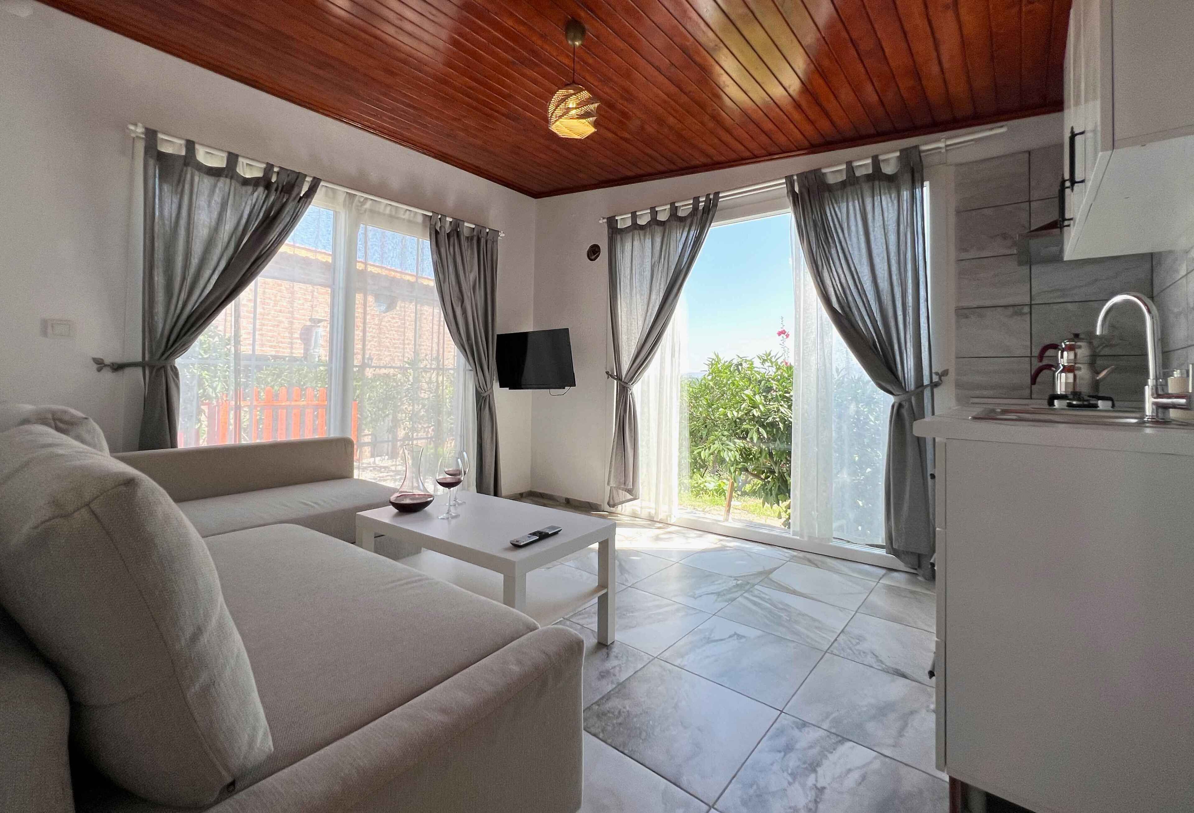 A modern living room with a sofa, a coffee table, and a TV. There is a kitchen area with a sink and cabinets. Large windows with curtains provide natural light and views of greenery outside.