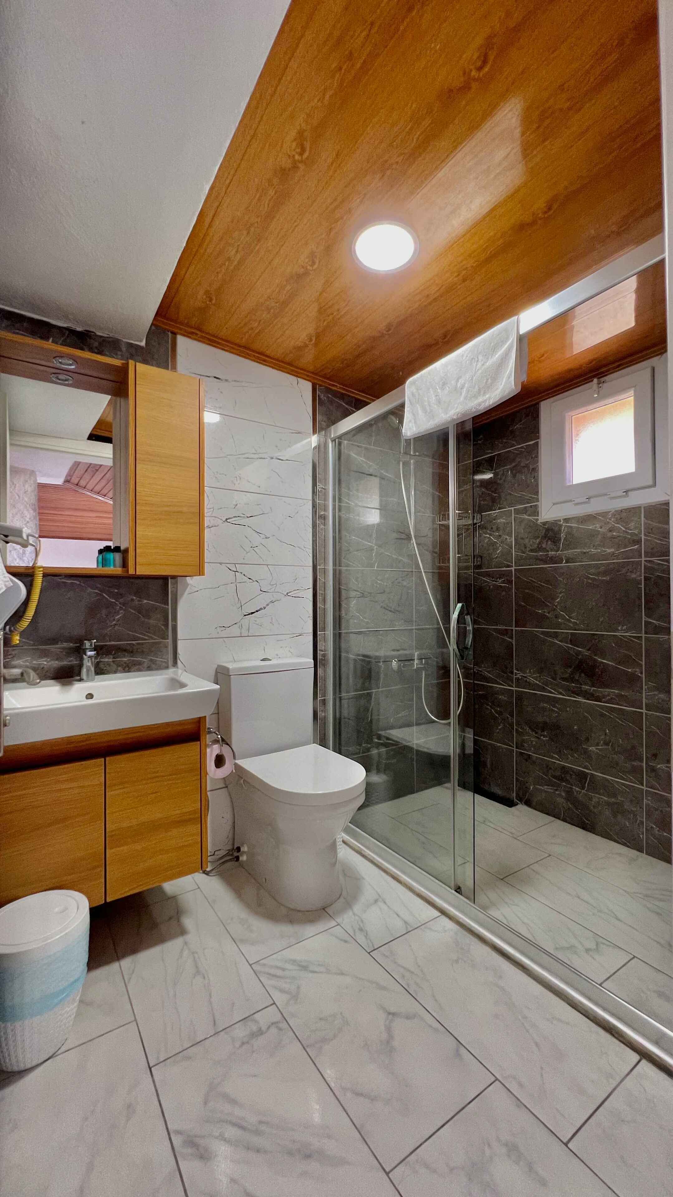 Een badkamer met toilet, wastafel en douche.