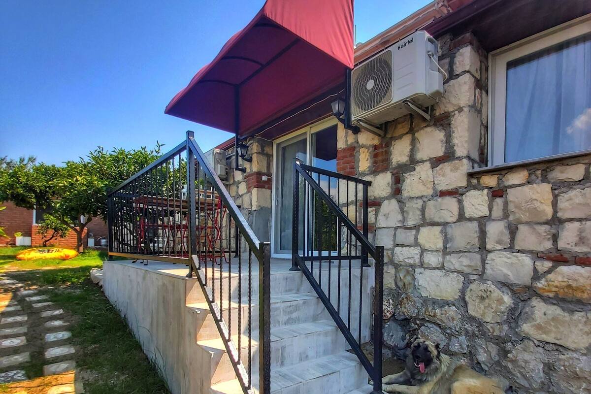 Um edifício de pedra com toldo vermelho, escadaria com corrimãos pretos e um cão deitado no chão.